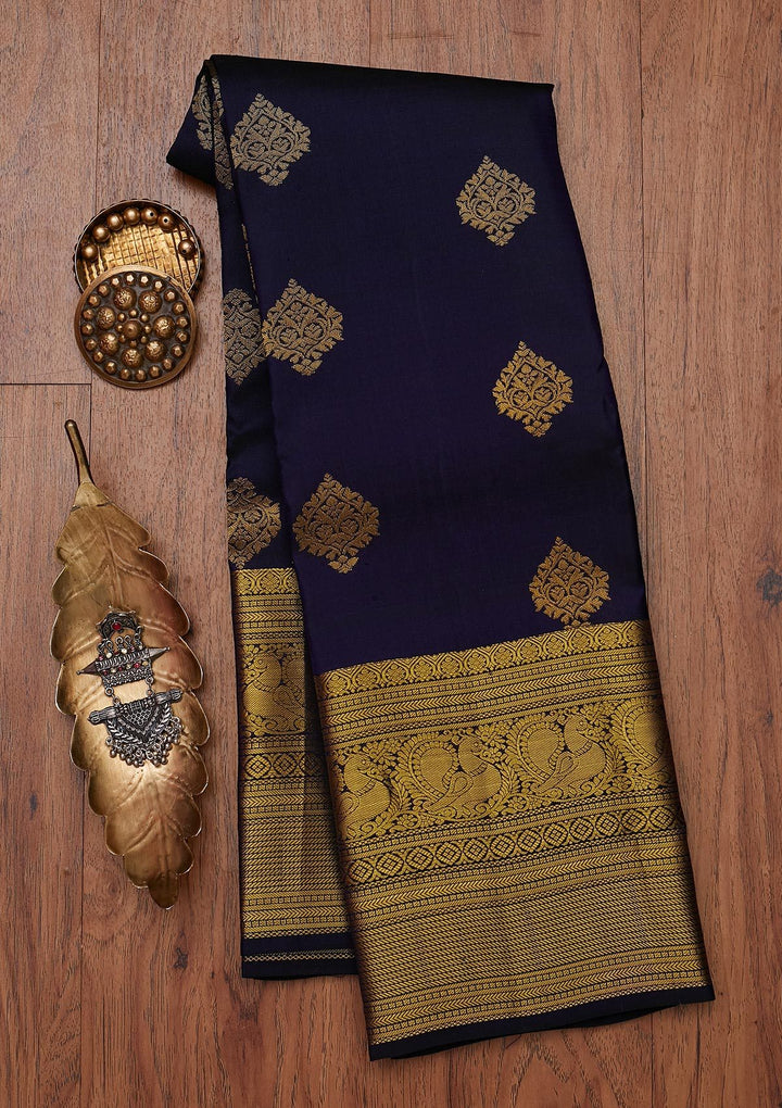 Navy Blue Zariwork Pure Silk Designer Unstitched Saree - Koskii