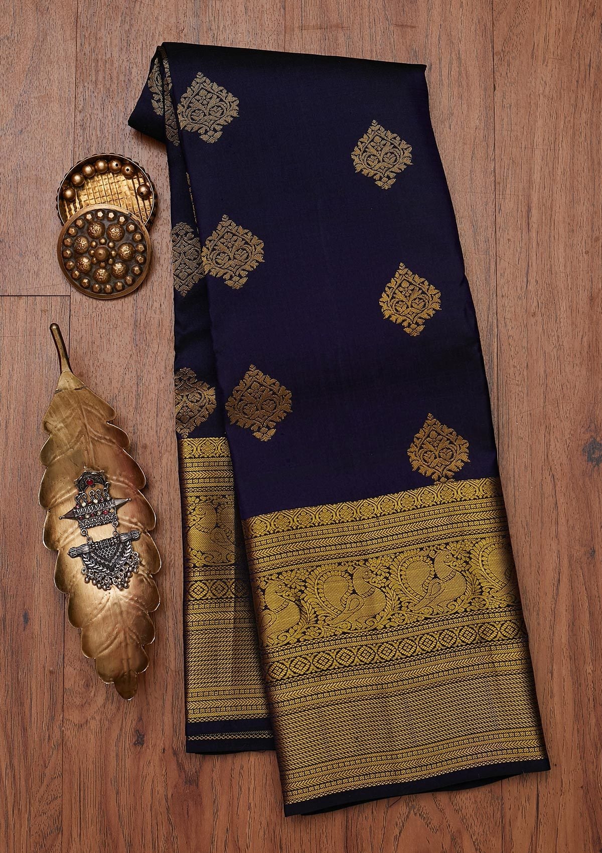Navy Blue Zariwork Pure Silk Designer Unstitched Saree - Koskii