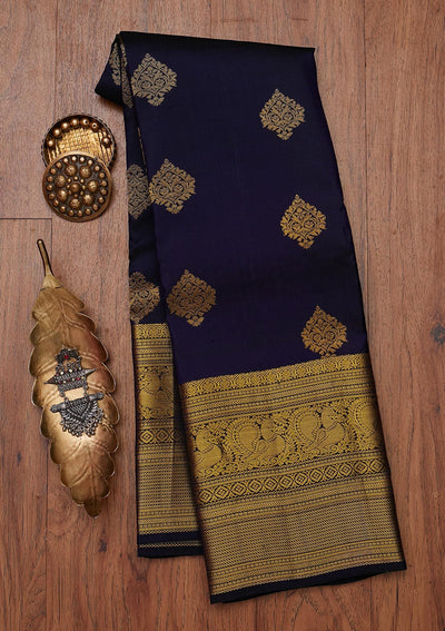 Navy Blue Zariwork Pure Silk Designer Unstitched Saree - Koskii
