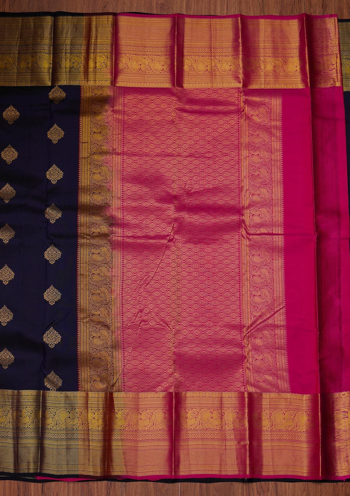 Navy Blue Zariwork Pure Silk Designer Unstitched Saree - Koskii