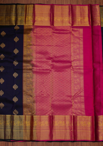 Navy Blue Zariwork Pure Silk Designer Unstitched Saree - Koskii