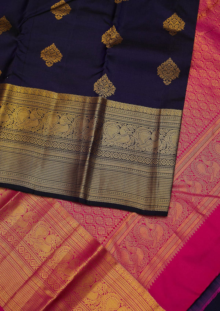 Navy Blue Zariwork Pure Silk Designer Unstitched Saree - Koskii