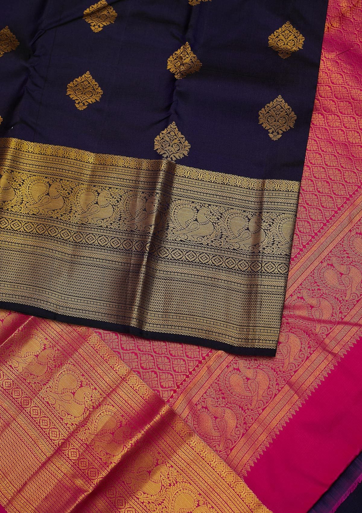 Navy Blue Zariwork Pure Silk Designer Unstitched Saree - Koskii