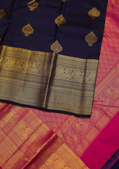 Navy Blue Zariwork Pure Silk Designer Unstitched Saree - Koskii
