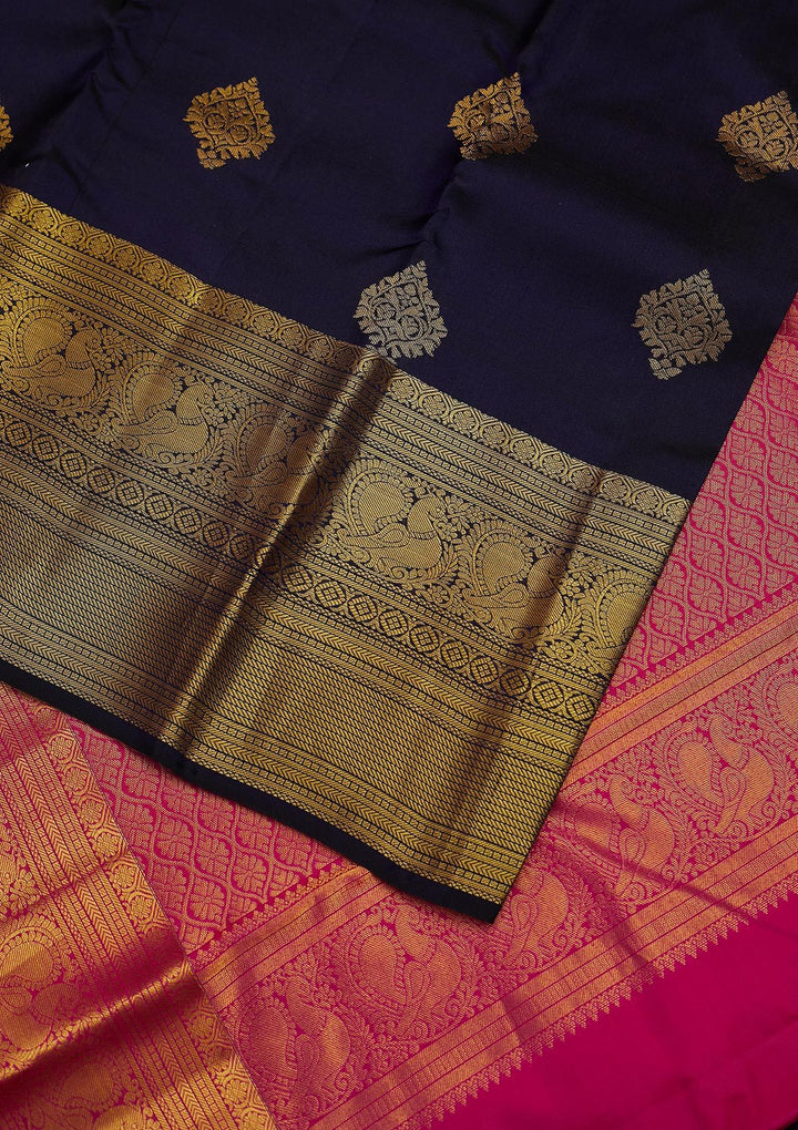 Navy Blue Zariwork Pure Silk Designer Unstitched Saree - Koskii