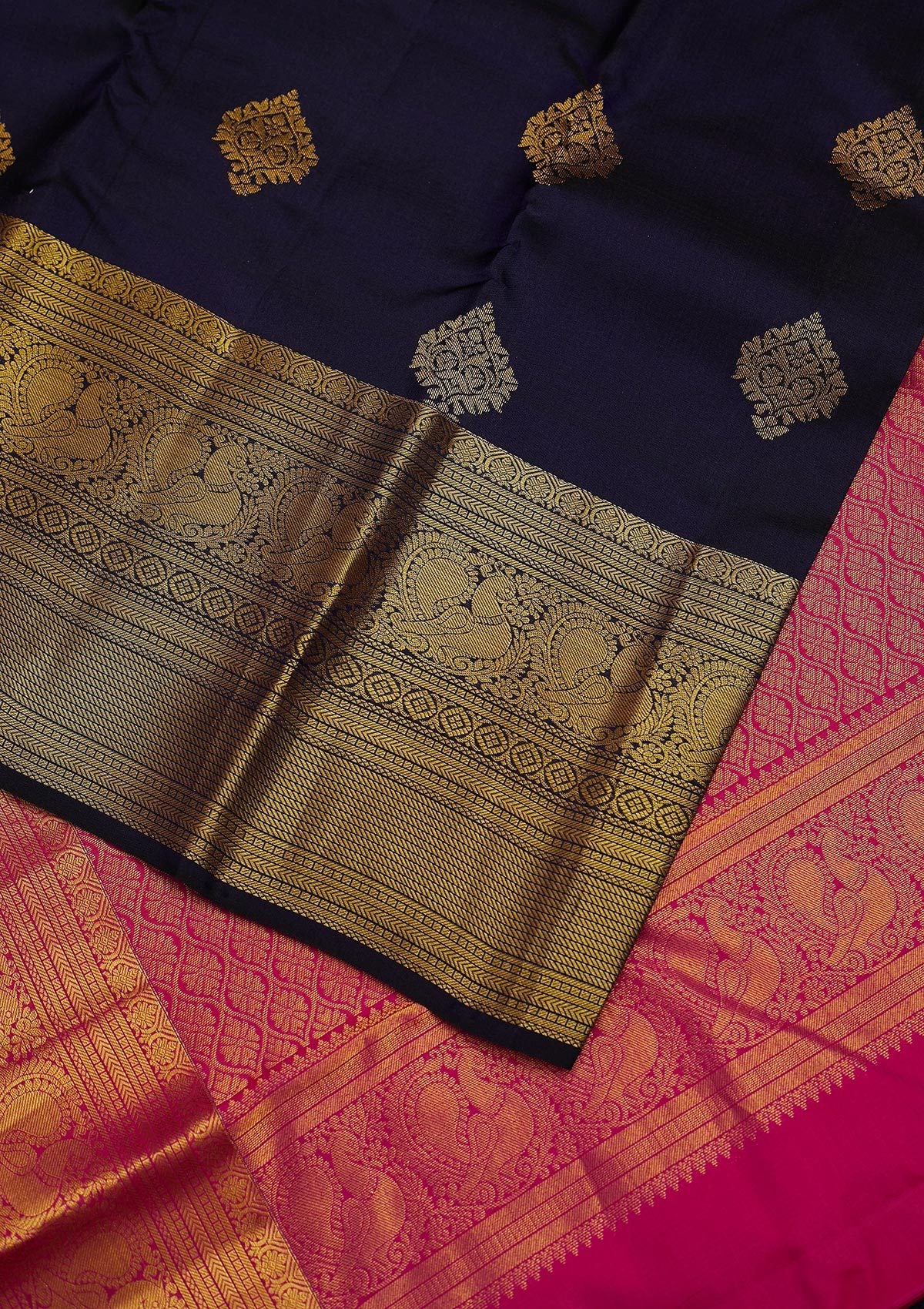 Navy Blue Zariwork Pure Silk Designer Unstitched Saree - Koskii