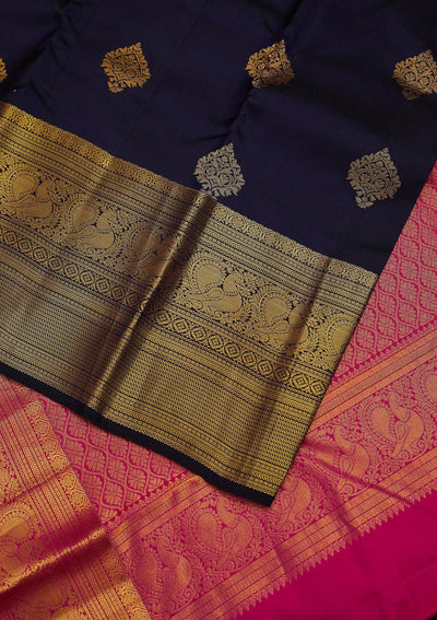 Navy Blue Zariwork Pure Silk Designer Unstitched Saree - Koskii