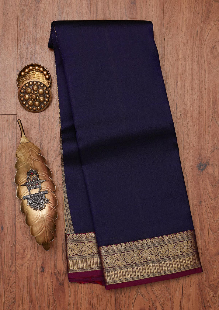 Navy Blue Zariwork Pure Silk Designer Unstitched Saree - Koskii
