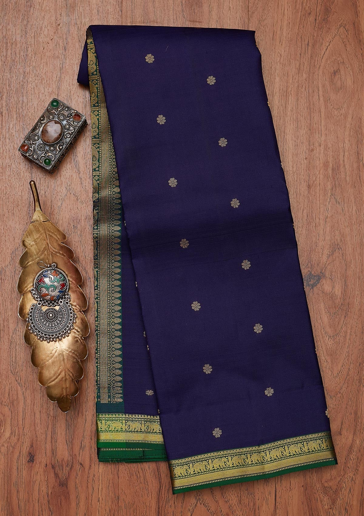 Navy Blue Zariwork Pure Silk Designer Unstitched Saree - Koskii