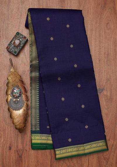 Navy Blue Zariwork Pure Silk Designer Unstitched Saree - Koskii