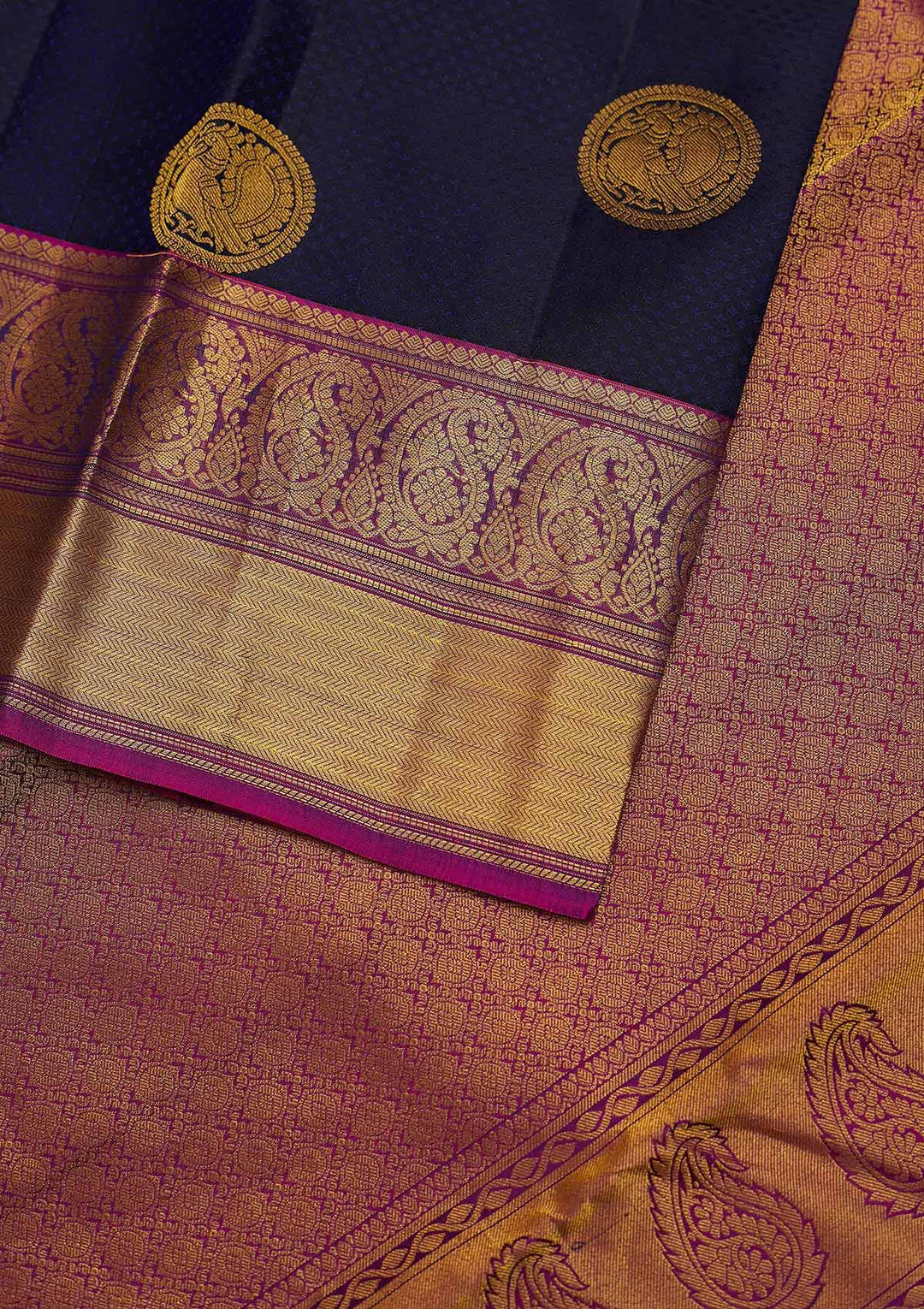 Navy Blue Zariwork Pure Silk Designer Unstitched Saree - Koskii