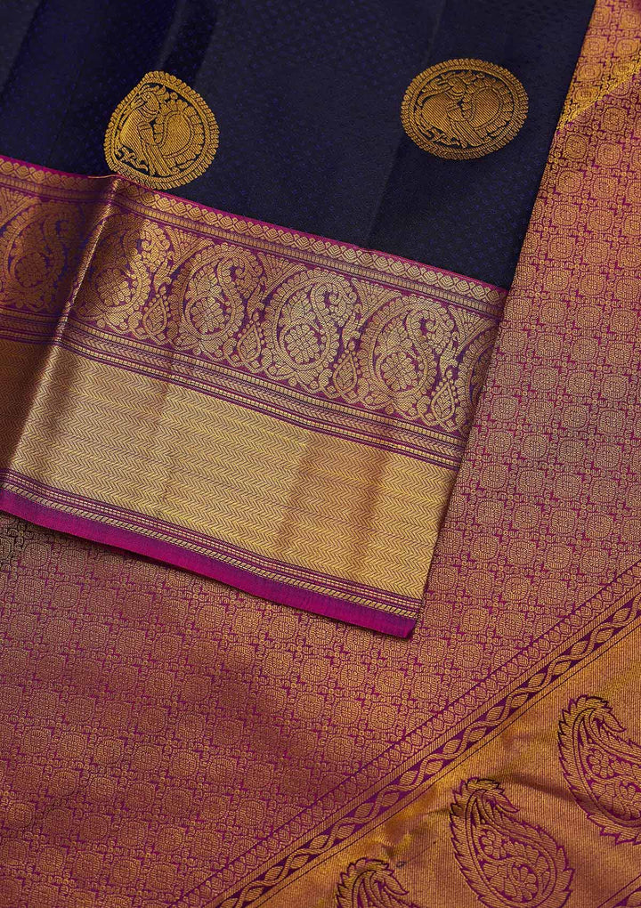 Navy Blue Zariwork Pure Silk Designer Unstitched Saree - Koskii