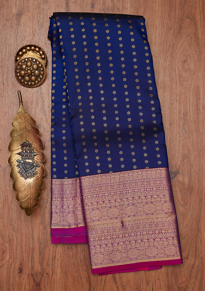 Navy Blue Zariwork Pure Silk Designer Unstitched Saree - Koskii