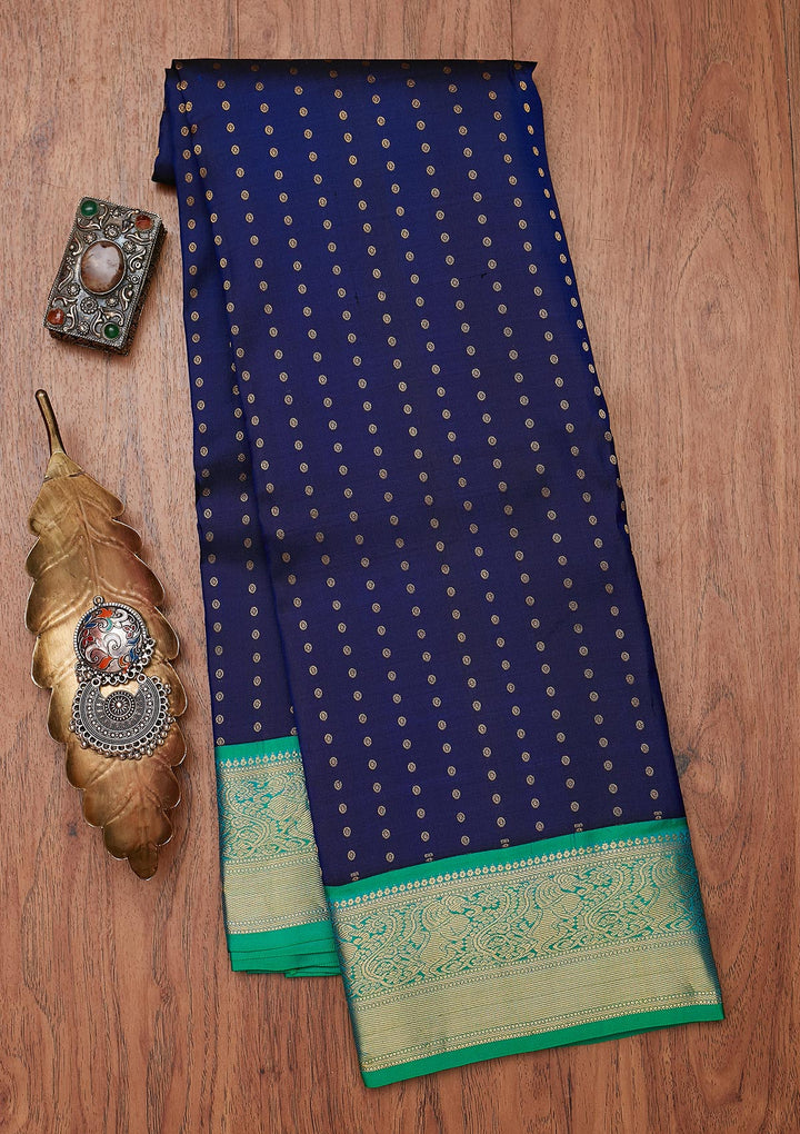 Navy Blue Zariwork Pure Silk Designer Unstitched Saree - Koskii