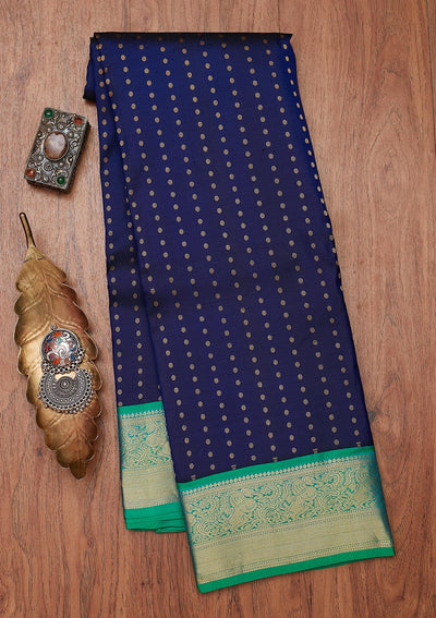 Navy Blue Zariwork Pure Silk Designer Unstitched Saree - Koskii
