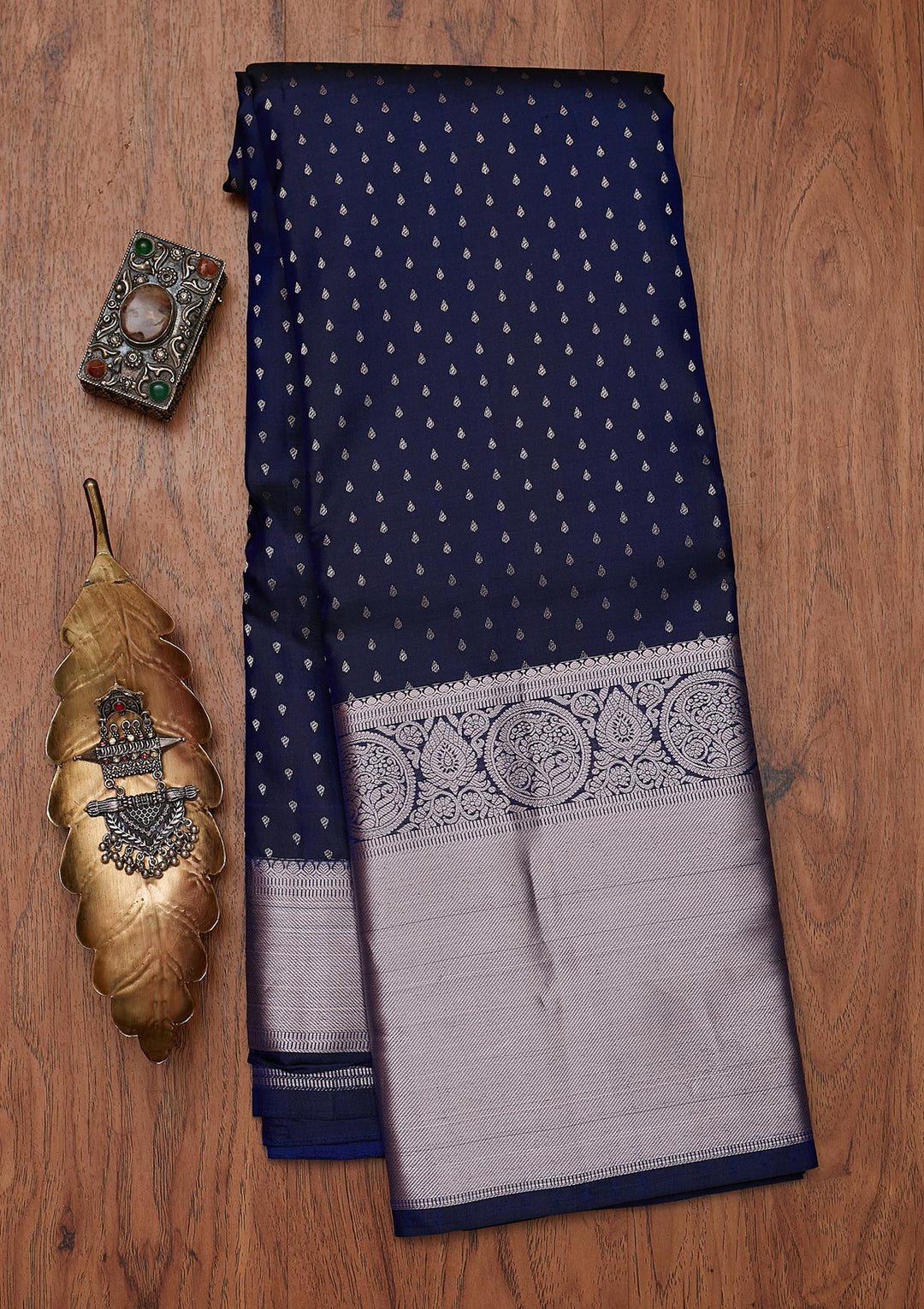 Navy Blue Zariwork Pure Silk Designer Unstitched Saree - Koskii