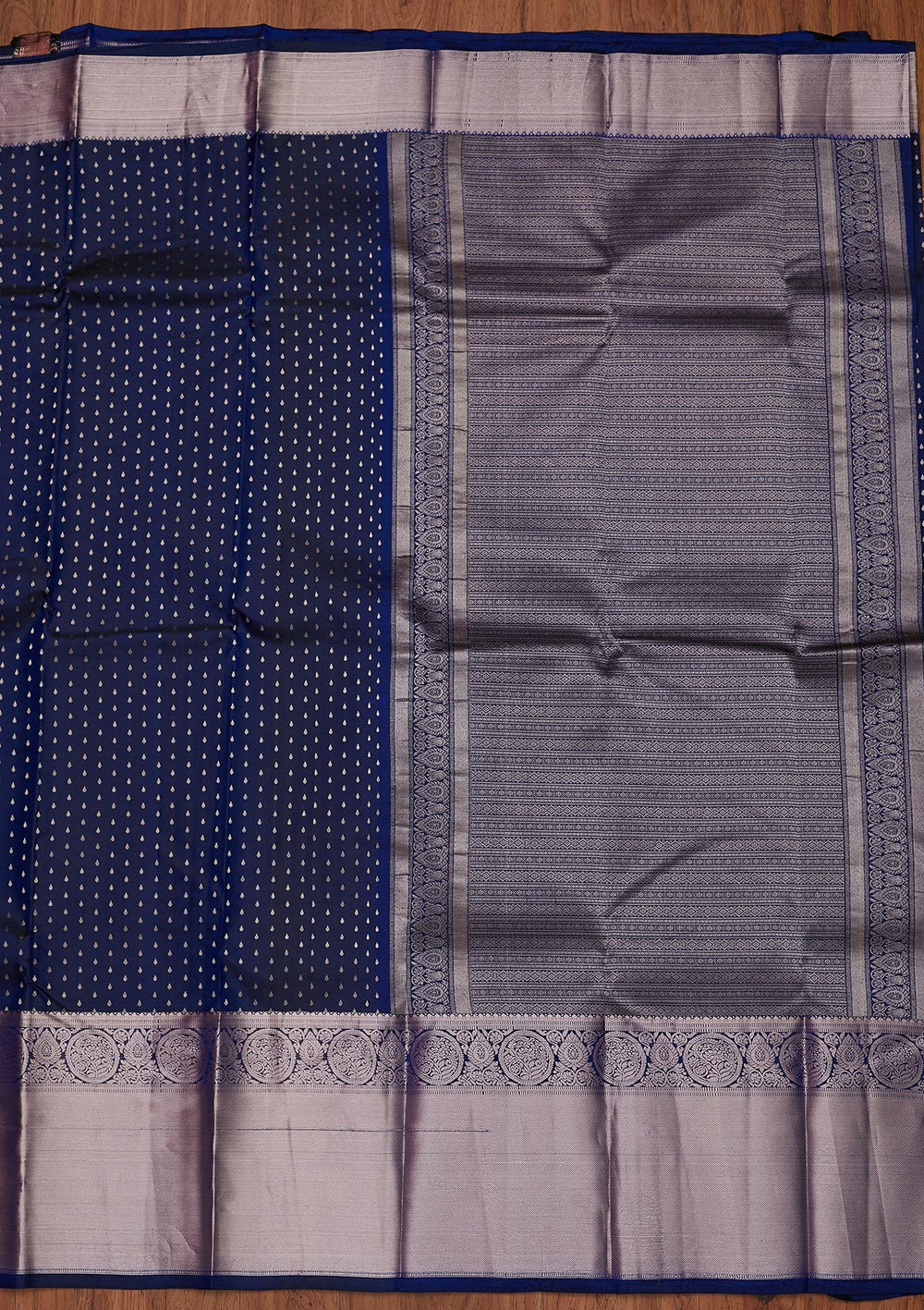 Navy Blue Zariwork Pure Silk Designer Unstitched Saree - Koskii