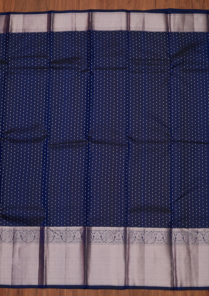 Navy Blue Zariwork Pure Silk Designer Unstitched Saree - Koskii