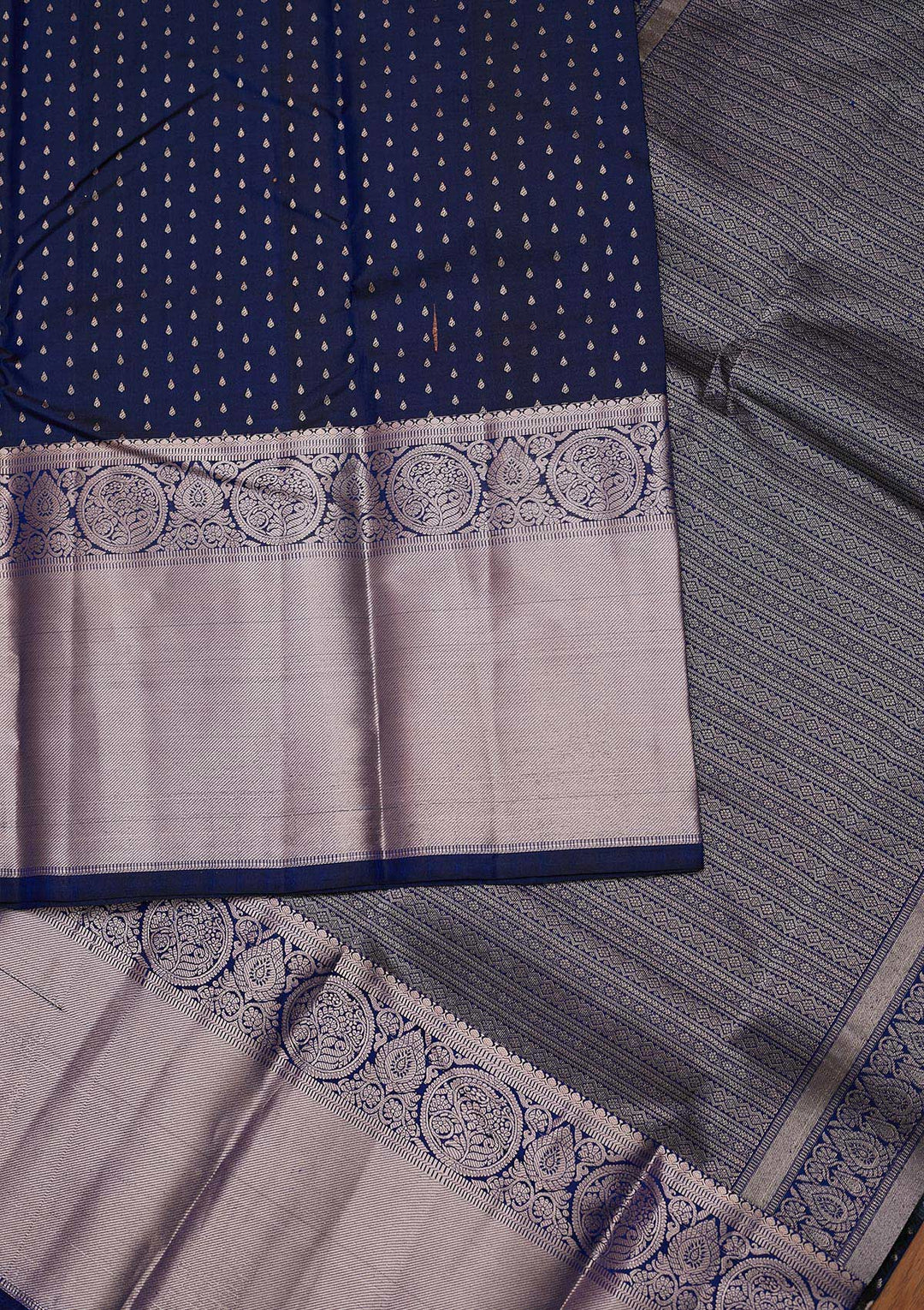 Navy Blue Zariwork Pure Silk Designer Unstitched Saree - Koskii