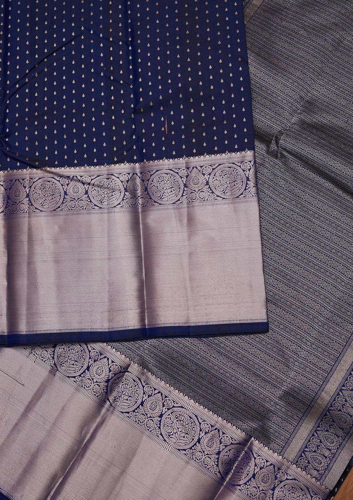 Navy Blue Zariwork Pure Silk Designer Unstitched Saree - Koskii