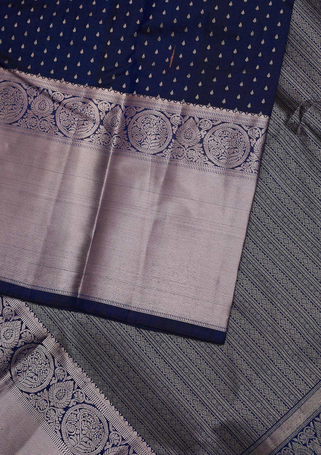 Navy Blue Zariwork Pure Silk Designer Unstitched Saree - Koskii