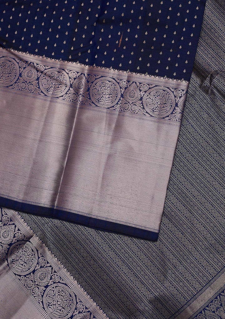 Navy Blue Zariwork Pure Silk Designer Unstitched Saree - Koskii