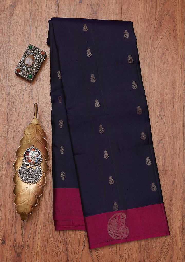 Navy Blue Zariwork Pure Silk Designer Unstitched Saree - Koskii