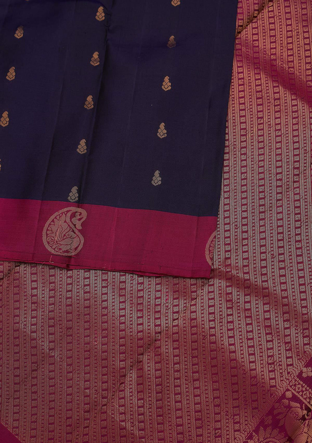 Navy Blue Zariwork Pure Silk Designer Unstitched Saree - Koskii
