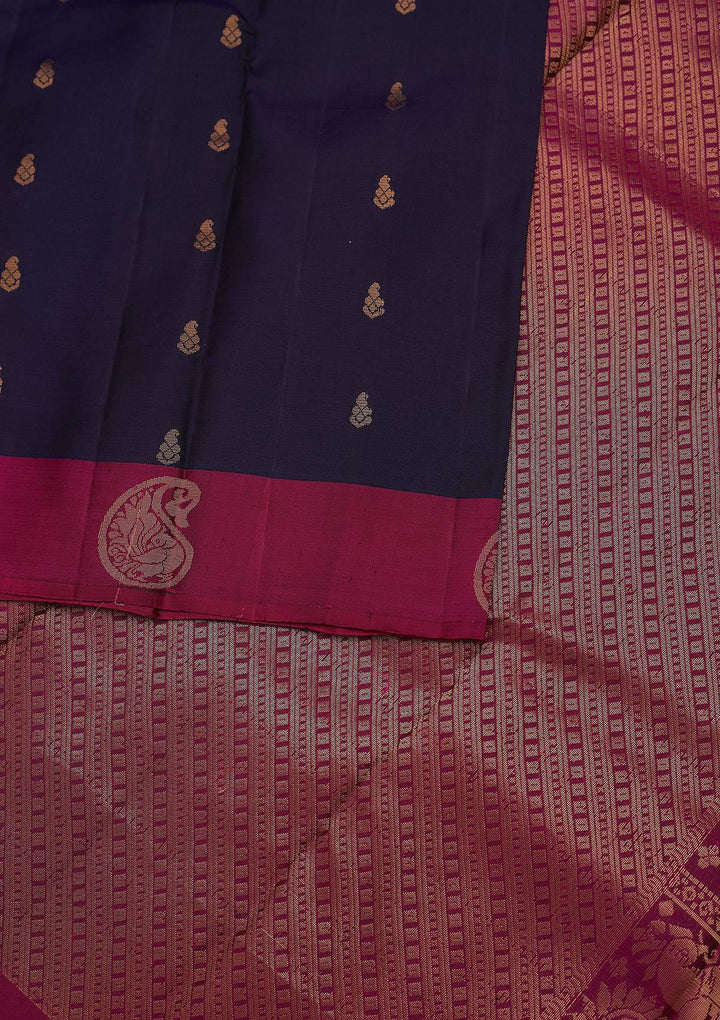 Navy Blue Zariwork Pure Silk Designer Unstitched Saree - Koskii