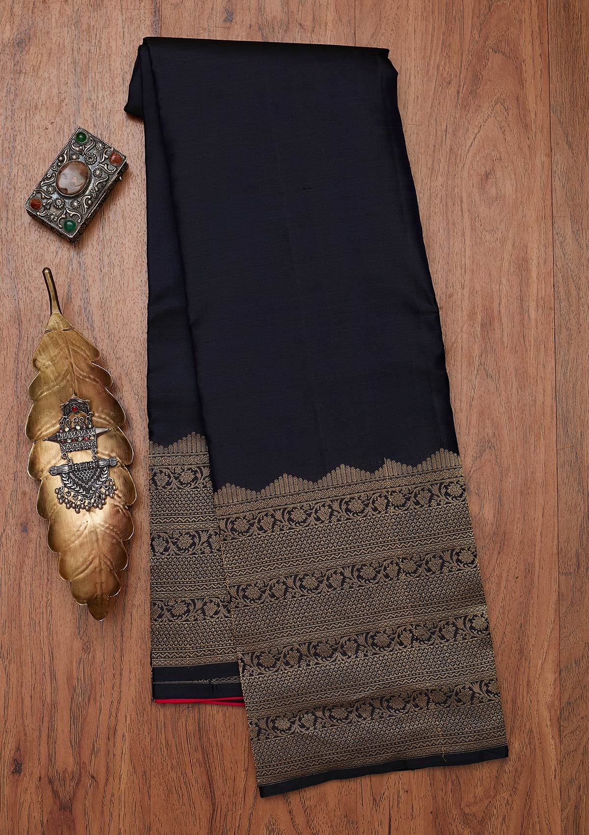 Navy Blue Zariwork Pure Silk Designer Unstitched Saree - Koskii
