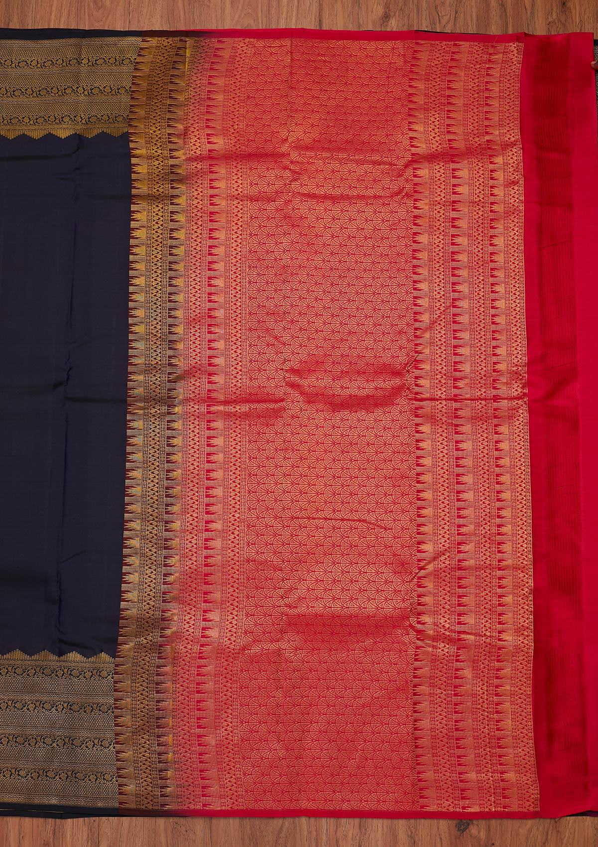 Navy Blue Zariwork Pure Silk Designer Unstitched Saree - Koskii