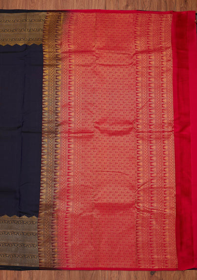 Navy Blue Zariwork Pure Silk Designer Unstitched Saree - Koskii