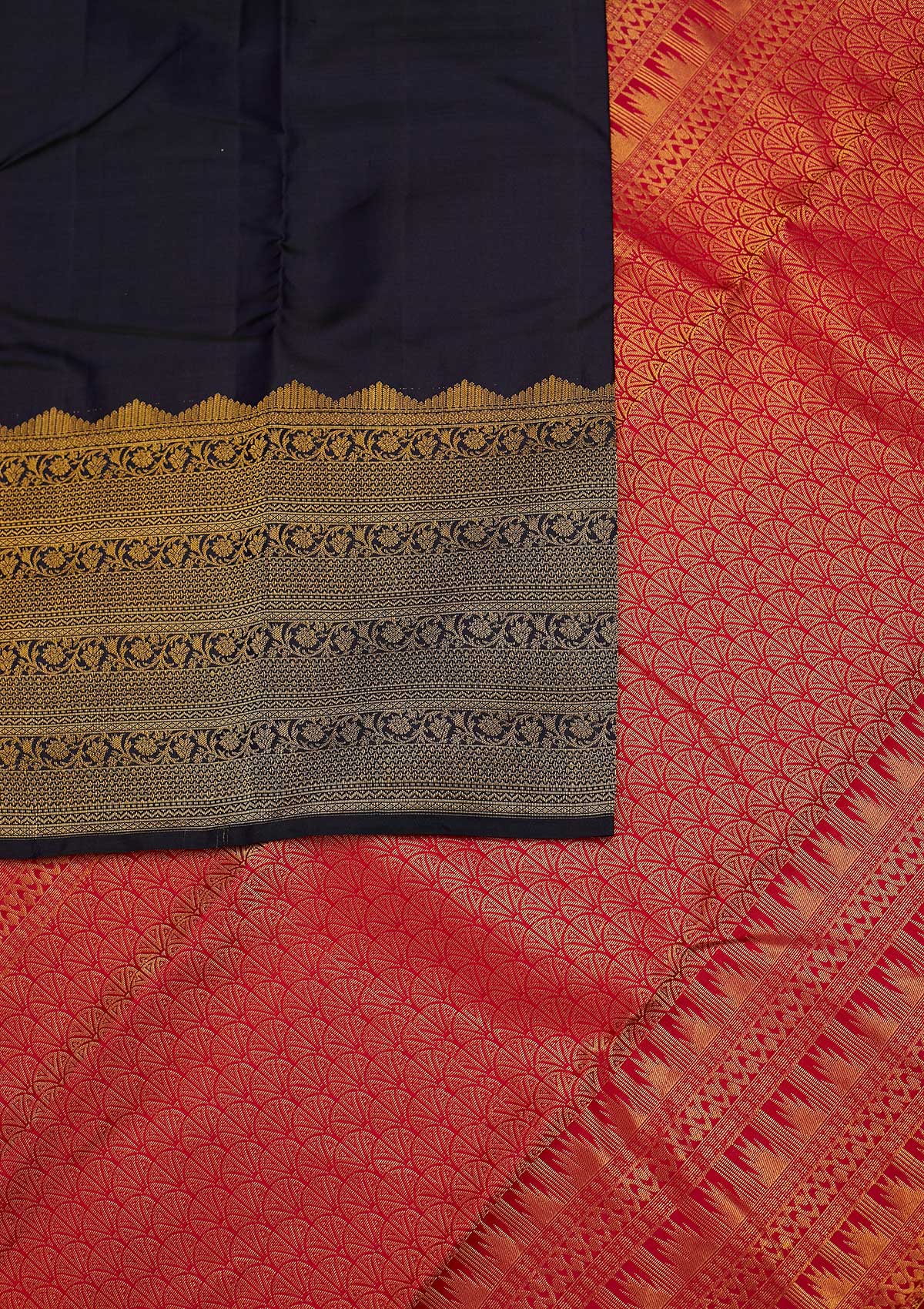 Navy Blue Zariwork Pure Silk Designer Unstitched Saree - Koskii