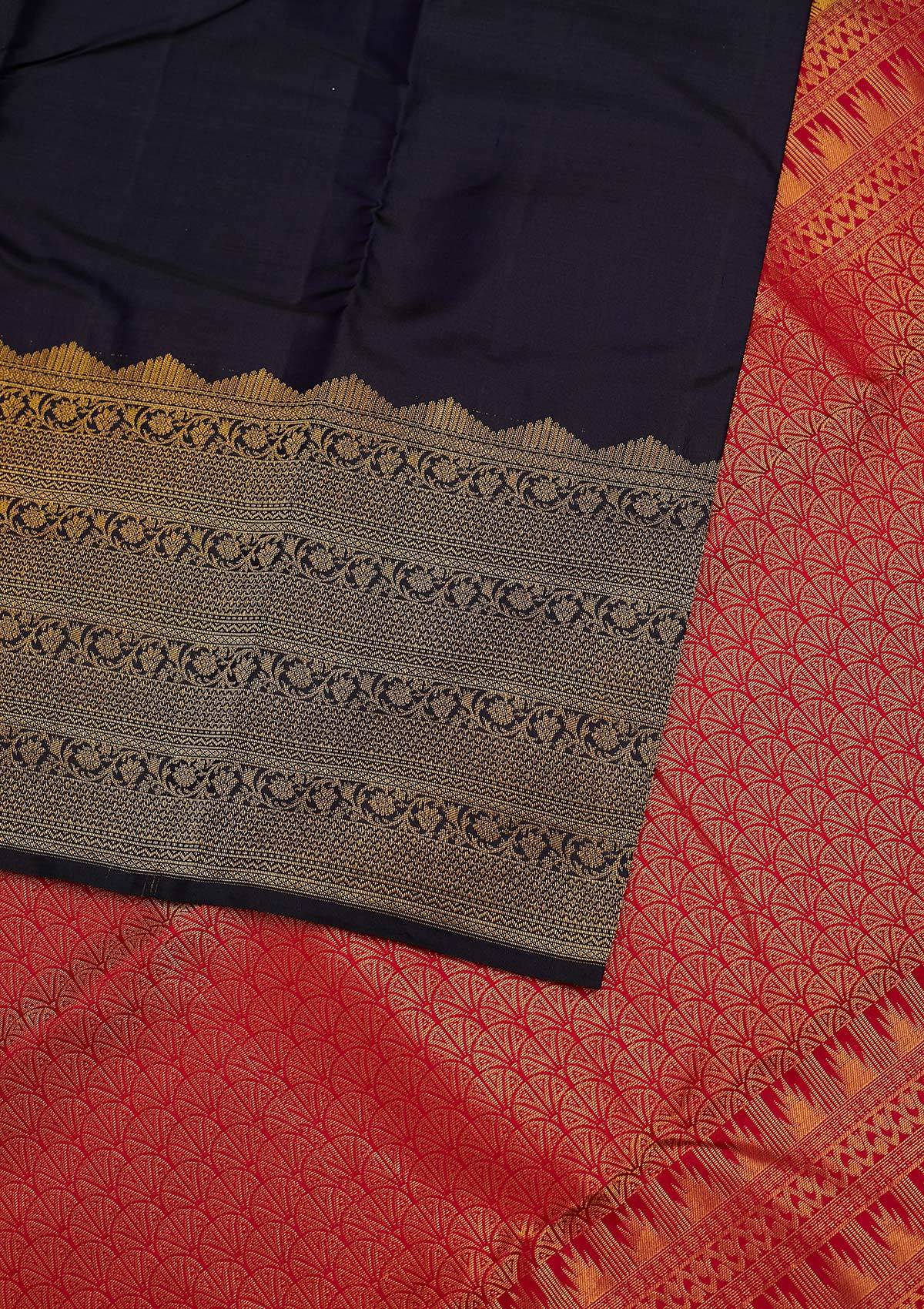 Navy Blue Zariwork Pure Silk Designer Unstitched Saree - Koskii