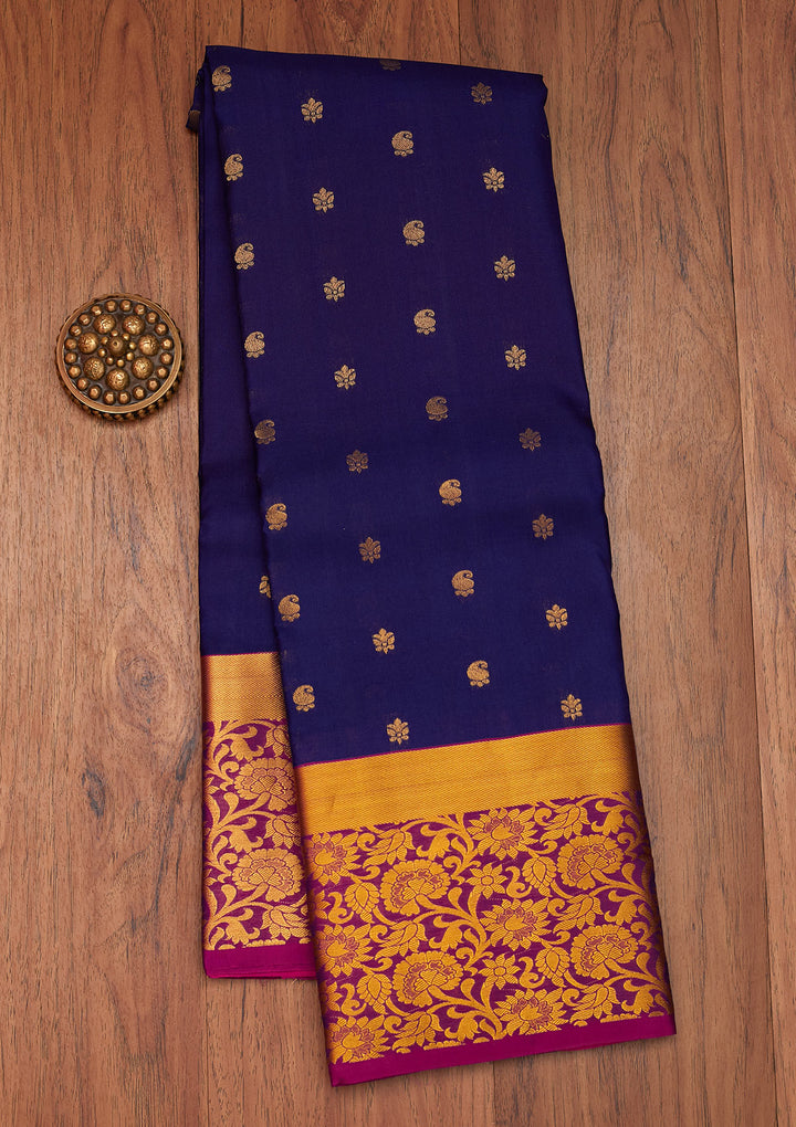 Navy Blue Zariwork Pure Silk Saree- Koskii