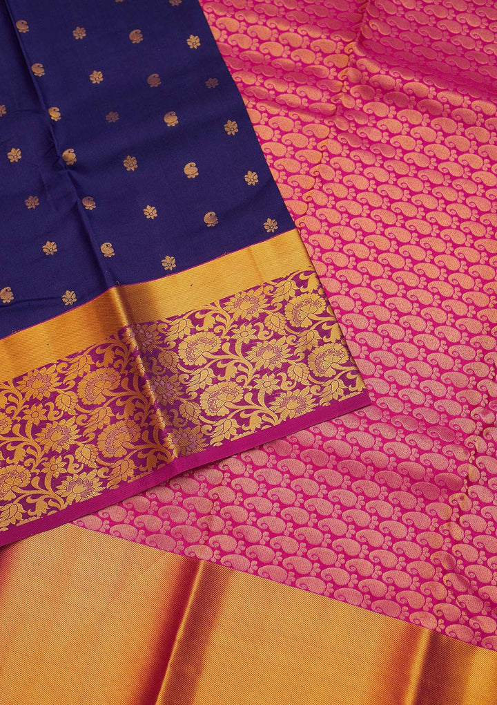 Navy Blue Zariwork Pure Silk Saree - Koskii