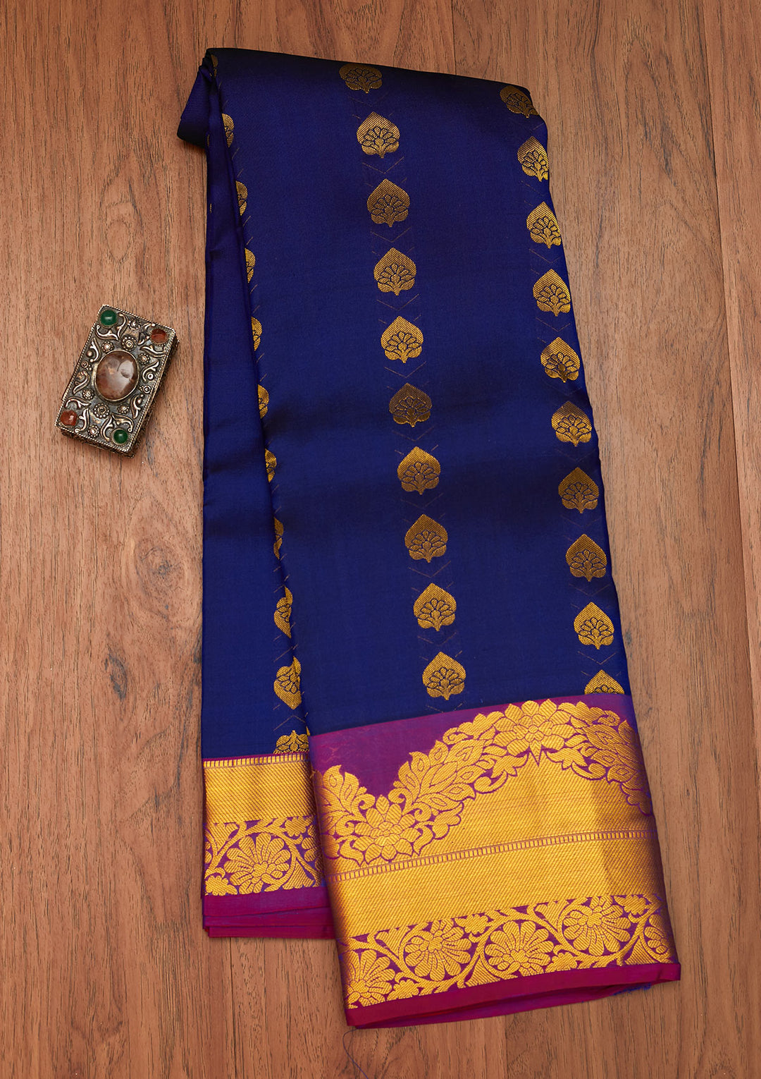 Navy Blue Zariwork Pure Silk Saree- Koskii