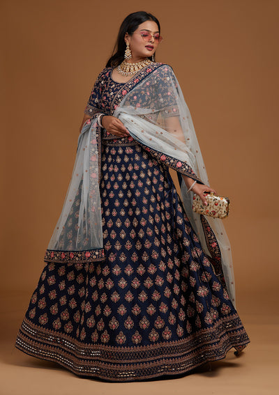 Navy Blue Zariwork Raw Silk Designer Lehenga-Koskii