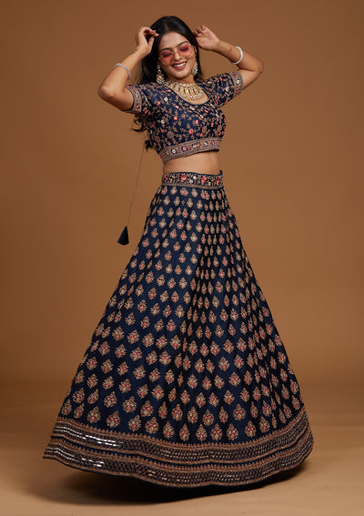 Navy Blue Zariwork Raw Silk Designer Lehenga-Koskii