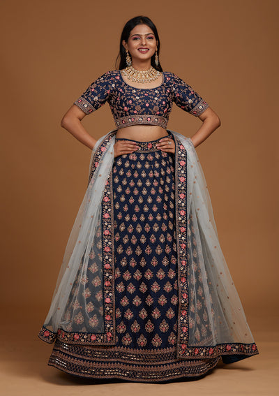 Navy Blue Zariwork Raw Silk Designer Lehenga-Koskii