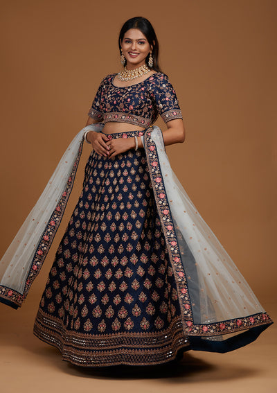Navy Blue Zariwork Raw Silk Designer Lehenga-Koskii