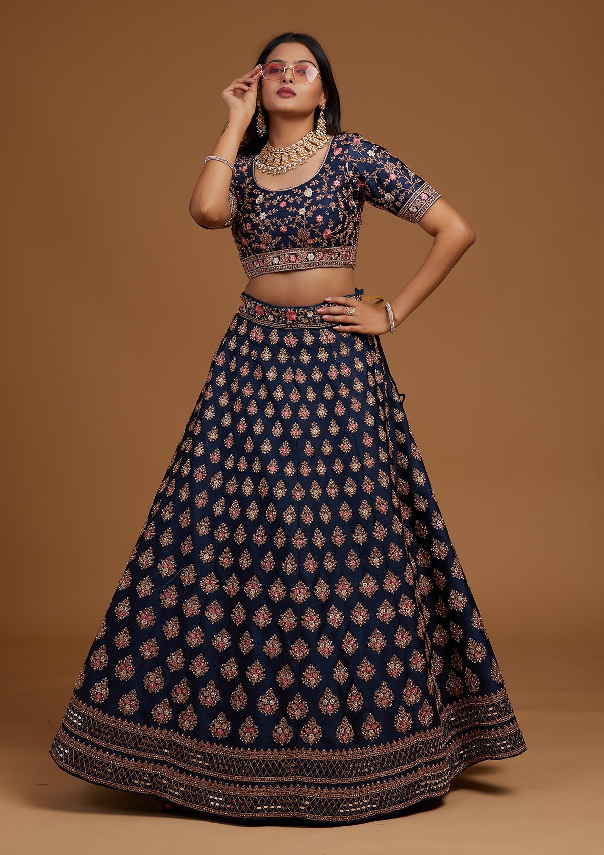 Navy Blue Zariwork Raw Silk Designer Lehenga-Koskii