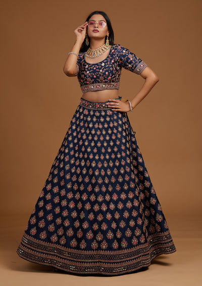 Navy Blue Zariwork Raw Silk Designer Lehenga-Koskii