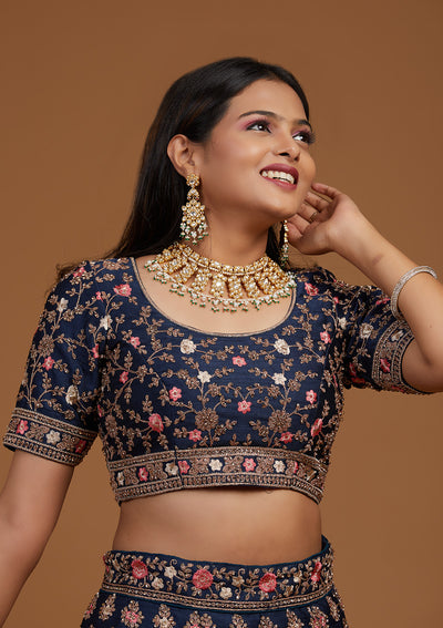 Navy Blue Zariwork Raw Silk Designer Lehenga-Koskii