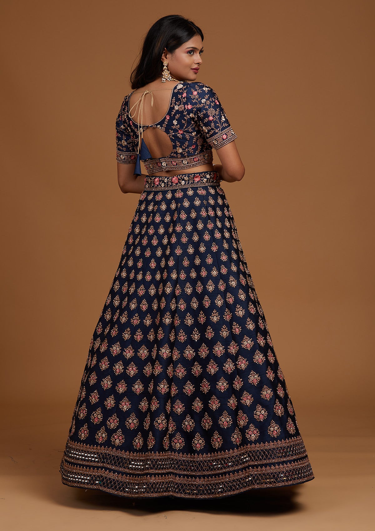 Navy Blue Zariwork Raw Silk Designer Lehenga-Koskii