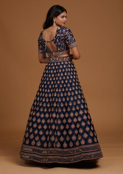 Navy Blue Zariwork Raw Silk Designer Lehenga-Koskii