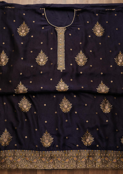 Navy Blue Zariwork Raw Silk Semi-Stitched Salwar Suit-Koskii