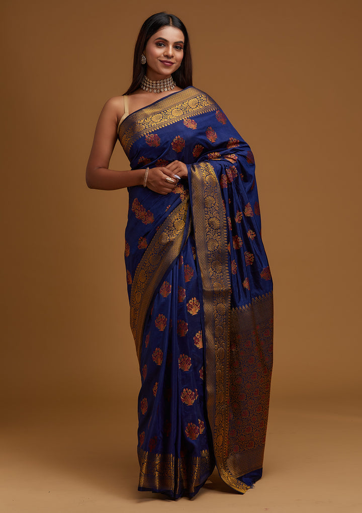 Navy Blue Zariwork Raw Silk Designer Saree - Koskii