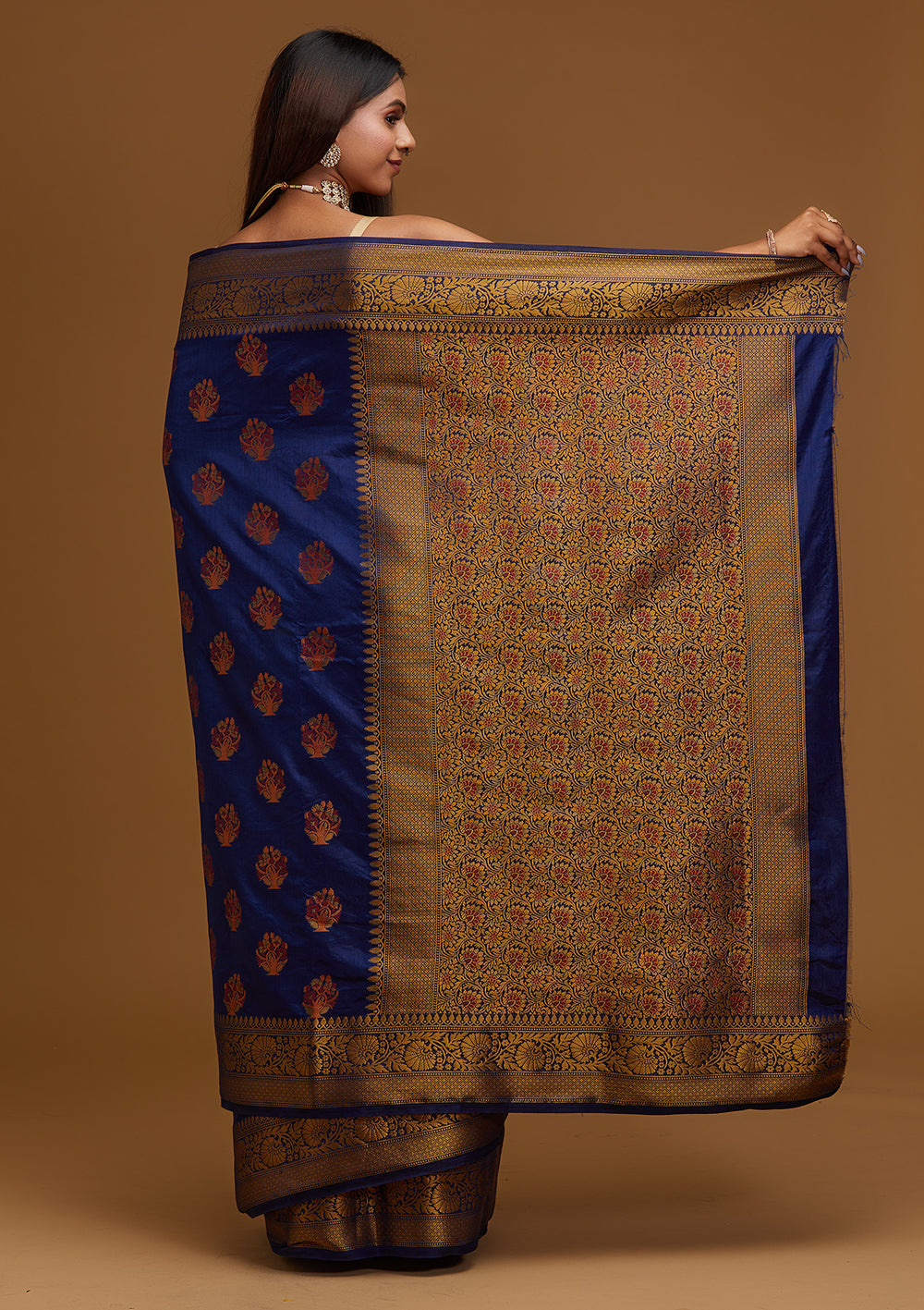 Navy Blue Zariwork Raw Silk Designer Saree - Koskii