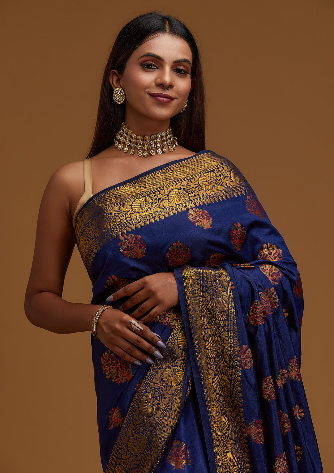 Navy Blue Zariwork Raw Silk Designer Saree - Koskii
